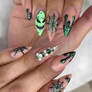 Halloween Press on Nails Almond Fake Nails Green Ghost Spiderweb False Nails with Green Glitters Rhinestones Blood Designs Glossy Halloween Medium Length Acrylic Glue on Nails for Women and Girls, Set of 4