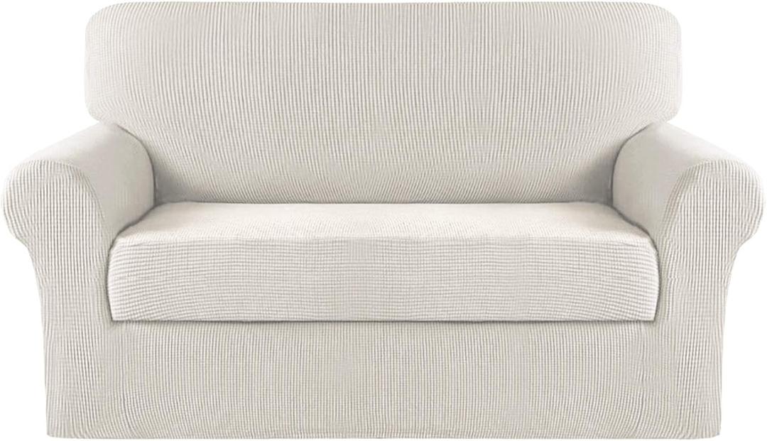Turquoize Stretch Sofa Slipcover 2 Pieces Sofa Cover Couch Cover for 2 Cushion Couch Washable Furniture Protector Covers with Elastic Bottom Feature Thick Jacquard Fabric (Loveseat, Ivory)