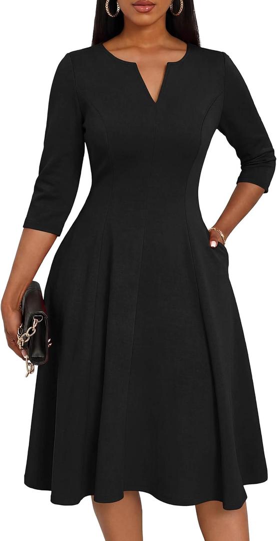 Nmoder Midi Dresses for Women A-Line Fit and Flare Casual Dress 3/4 Sleeve V Neck Cocktail Wedding Guest Work Dress with Pockets Black, M