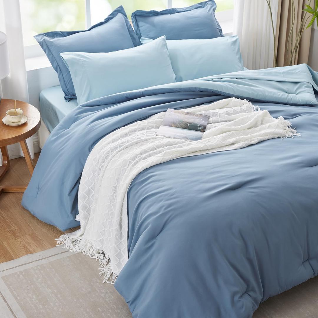Navy Blue Comforter Set Full Bedding Set, 7 Pieces Soft Bed in a Bag with Comforter, Sheets, Pillowcases & Shams, All Season Boho Full Bed Set