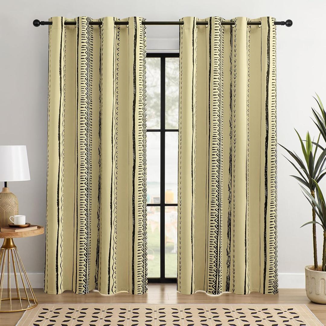 Luxury Boho Blackout Curtains  Elegant Design for 100% Blackout, Thermal Insulated, 2 Panels (Black and Beige, W52L84)