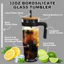 32 oz Glass Tumbler with Handle, Iced Coffee Cup with Bamboo Lid and Straws, Reusable Clear Glass Water Cup With Silicone Bumper - Fits in Car Cup Holder, Dishwasher Safe, BPA Free - Black