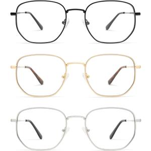 3-Pack Retro Square Reading Glasses for Men Women Classic Blue Light Blocking Computer Readers Metal Frame AM6123 (Shiny Black+gold+silver)