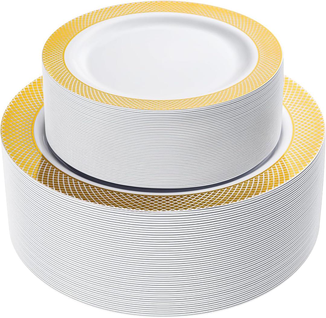 I00000 102 Pcs Gold Plastic Plates, Disposable Party Plates Include 51 Gold Dinner Plate 10.25 and 51 Disposable Dessert Plate 7.5 Perfect for Party & Wedding