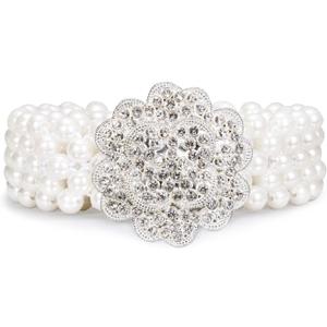 Dubulle Women's Pearl Belt Bridal Elastic Ivory Crystal Beaded Sash for Wedding Dress Prom