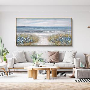 XLSJERST Framed Wall Art for Bedroom Decor - Farmhouse Boho Beach Coastal Vintage Floral Ocean Wall Picture Daisy Flowers Sea Canvas Print Nautical Neutral Seascape Artwork for Home Living Room (20x40, Grey)