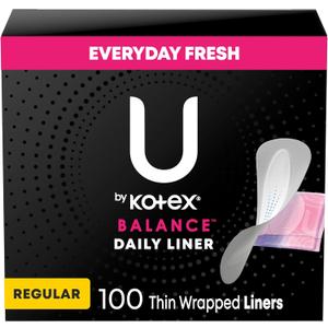 U by Kotex Balance Daily Panty Liners, Wrapped, Light Absorbency, Regular Length, 100 Count (Packaging May Vary) (One Size)