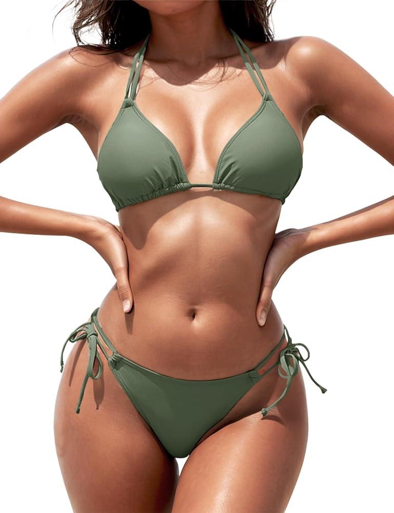 Women's Triangle Bikini Sets Two Piece Double Straps Halter Swimsuit Tie Side String Cheeky Bathing Suits XS