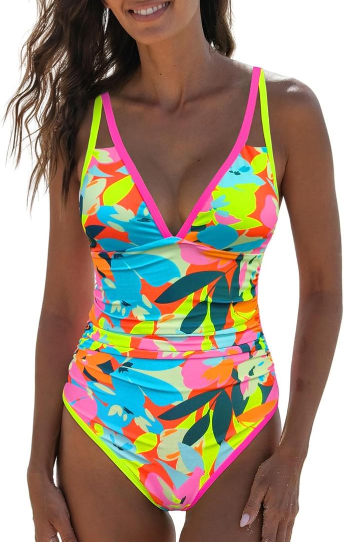 popvil Women's One Piece 2025 Tummy Control Swimsuits Neon Color Block Swimwear Deep V Neck Slimming Bathing Suit (X-Large, Blue Floral)