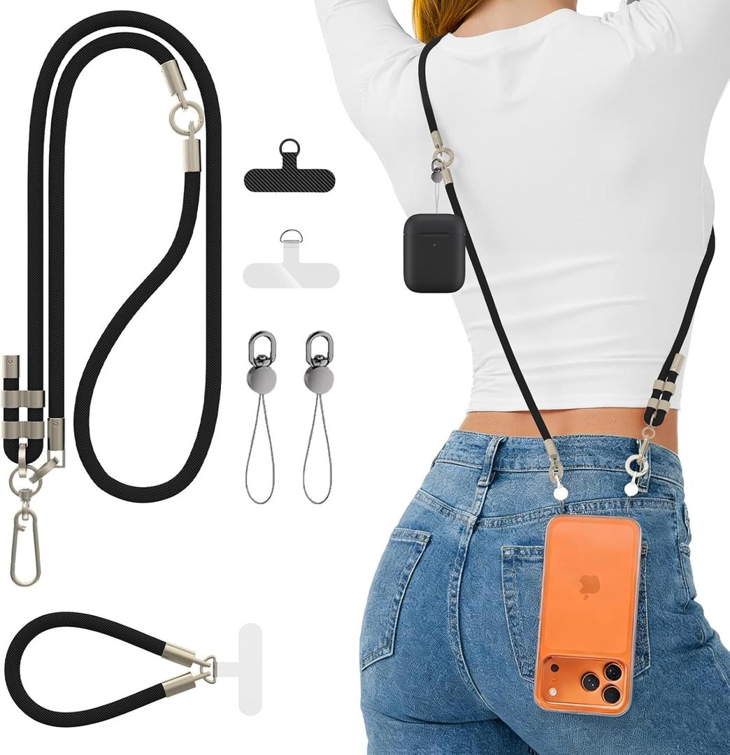 LAUDTEC Breakaway Cell Phone Lanyard Crossbody with key Utility Ring & 2Tabs,Adjustable Anti-Theft for iphone Strap,Premium Metal 360Carabiner,Universal Phone Neck &Wrist Lanyard for Travel,Black