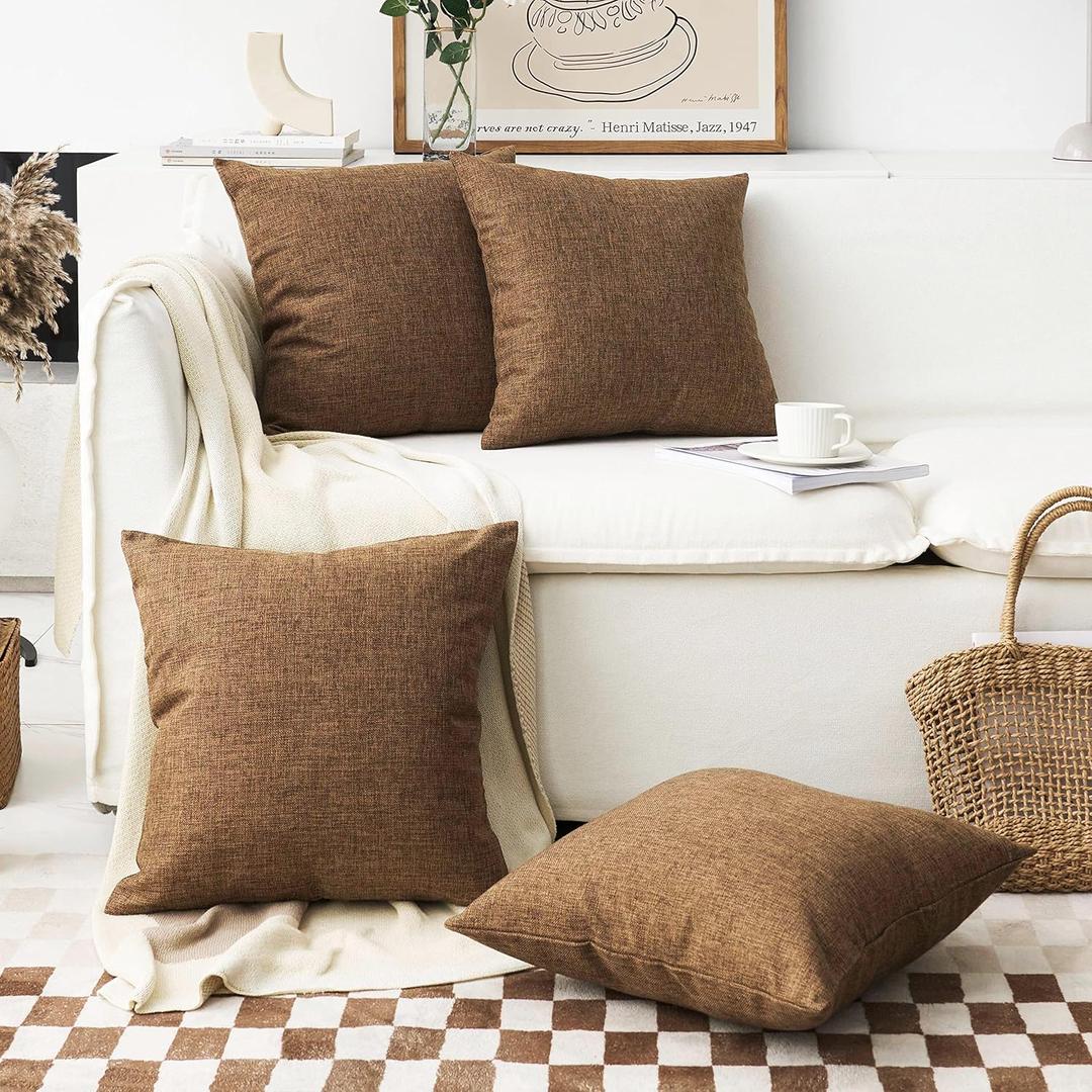 Home Brilliant Brown Throw Pillows Textured Burlap Decorative Throw Pillow Cover Lined Linen Cushion Case for Floor,  4 Pillow covers Brown 25"×26"