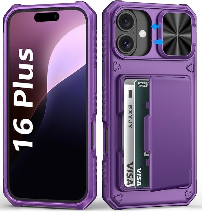 BXYJY for iPhone 16 Plus Wallet Case with Camera Cover, Builtin Card Holder (45 Cards), Military Grade & RFID Protection, Heavy Duty Women Men Protective Phone Case for iPhone16 Plus, Dark Purple