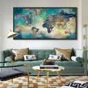 Large World Map Canvas Prints Wall Art for Living Room Office "29x58" Green World Map Picture Artwork Decor for Home Decoration Black Framed Wall Art