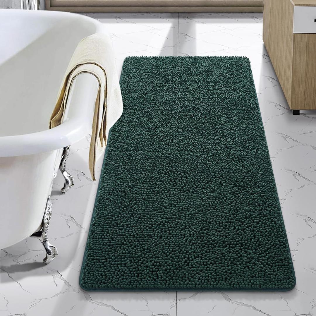 LOCHAS Luxury Bathroom Rug Shaggy Bath Mat 24 x 48 Inch, Washable Non Slip Bath Rugs for Bathroom Shower, Soft Plush Chenille Absorbent Carpets Mats, Hunter Green