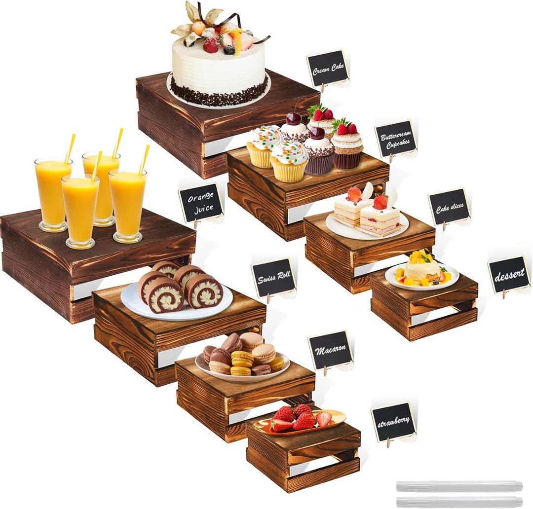 8 Pcs Buffet Risers with Mini Signs, Rustic Wood Cake Stands, Food Risers for Buffet Table, Dessert Display Stand, Wood Crates, Rustic Cake Stand for Party, Wedding, Birthday, Baby Shower, 4 Sizes (8 Pcs (8.0", 7.0", 6.5", 5.5"))