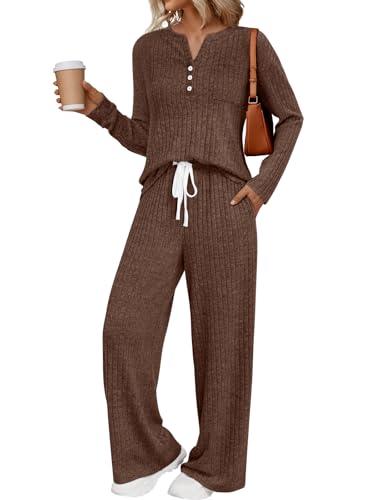 LILLUSORY Womens 2 Piece Lounge Sets Matching Airport Travel Outfits 2026 Spring Clothing Fall Pajamas Sweat Suits Pockets Chocolate Brown 2XL