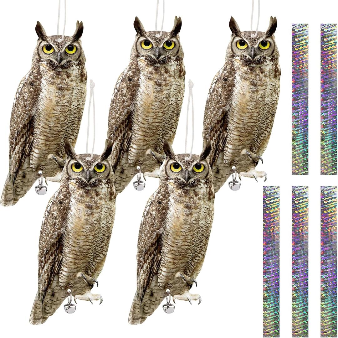 5PCS Plastic Owl to Scare Pigeons Away Flat Paper Fake Owl to Keep Pigeon Away from Balcony Hanging Garden Owl Scare Devices with Reflective Tape Garden Decor for Windows Patio Roof Yard Outdoor