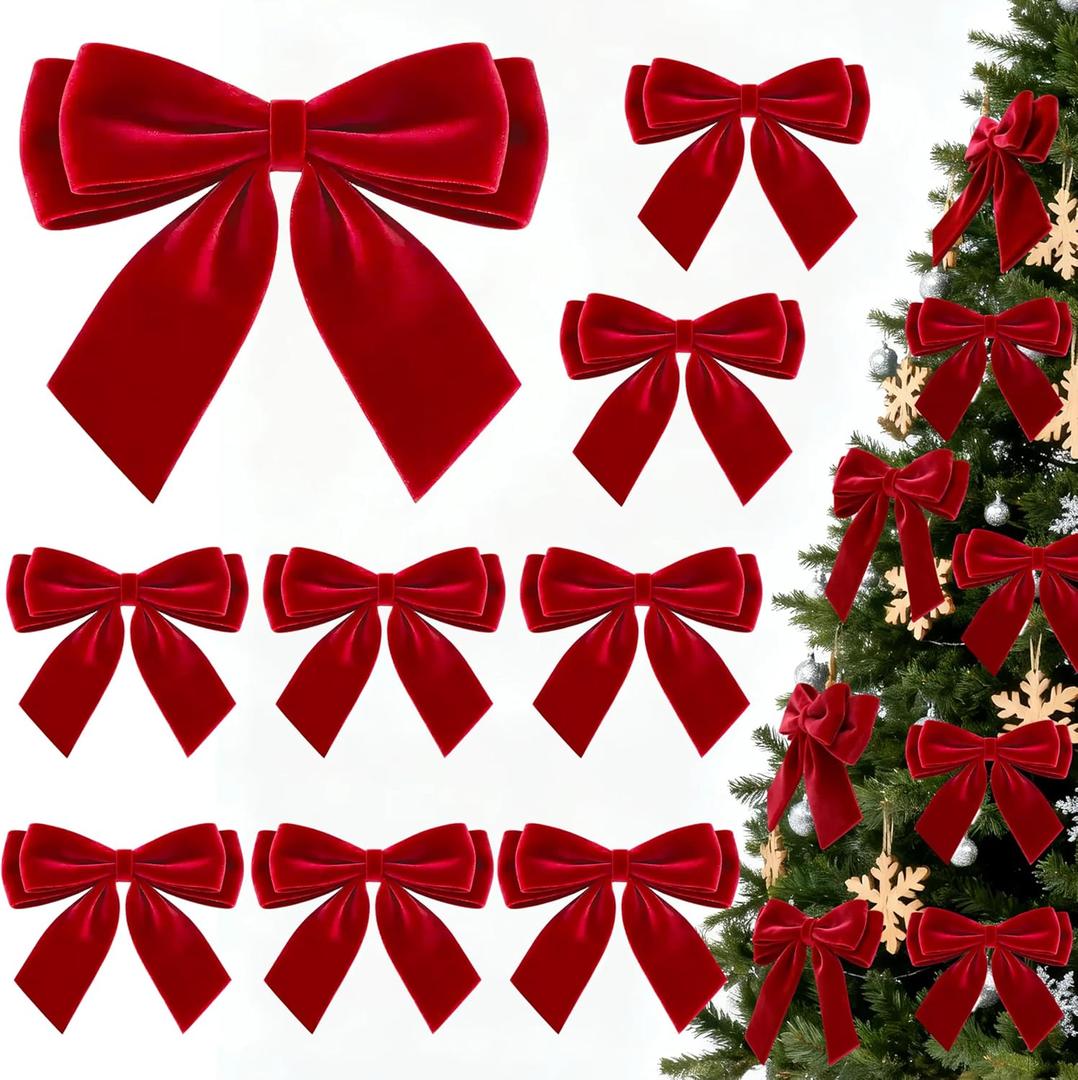 12Pcs Velvet Bows for Christmas Tree, Red Bows Christmas Decorations with Twist Tie, Bulk Red Velvet Ornaments for Wreath Garland Gift Wrapping Wedding Champagne Parties Decor, 6 * 6in