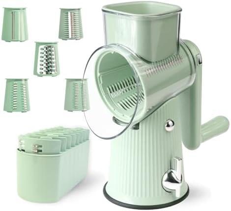TOPAA Rotary Cheese Grater with Handle Vegetable Shredder with 5 Blades, Round Mando line Slicer and Food Chopper for Kitchen (Green)