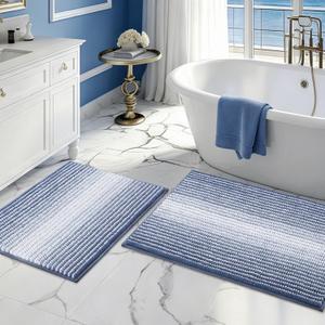 Bathroom Rugs and Mats Sets, 2 Piece Thick Absorbent Chenille Bath Mat Rug Set Non Slip, Soft Shaggy Bath Room Floor Mats for Bathroom, Machine Washable (20" x 32" Plus 16" x 24",Denim Blue)