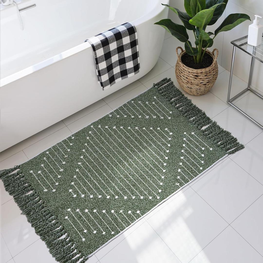 LIVEBOX Boho Green Bathroom Rug, Woven Bath Mat with Tassel Washable Cotton Blend Small Area Rug for Kitchen, Front Door(2'x3') (Dark Green & White)