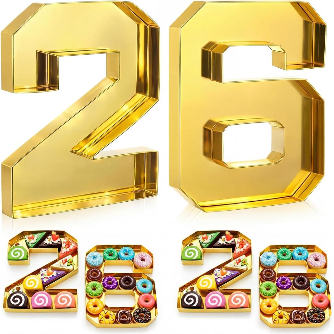 2 Pcs 10" 26 Graduation Number Fillable for Charcuterie Cardboard Charcuterie Letters 2026 Large Number Shaped Food Tray Candy Box for Chocolate Candy School Congrats Grad Party Supplies(Gold)
