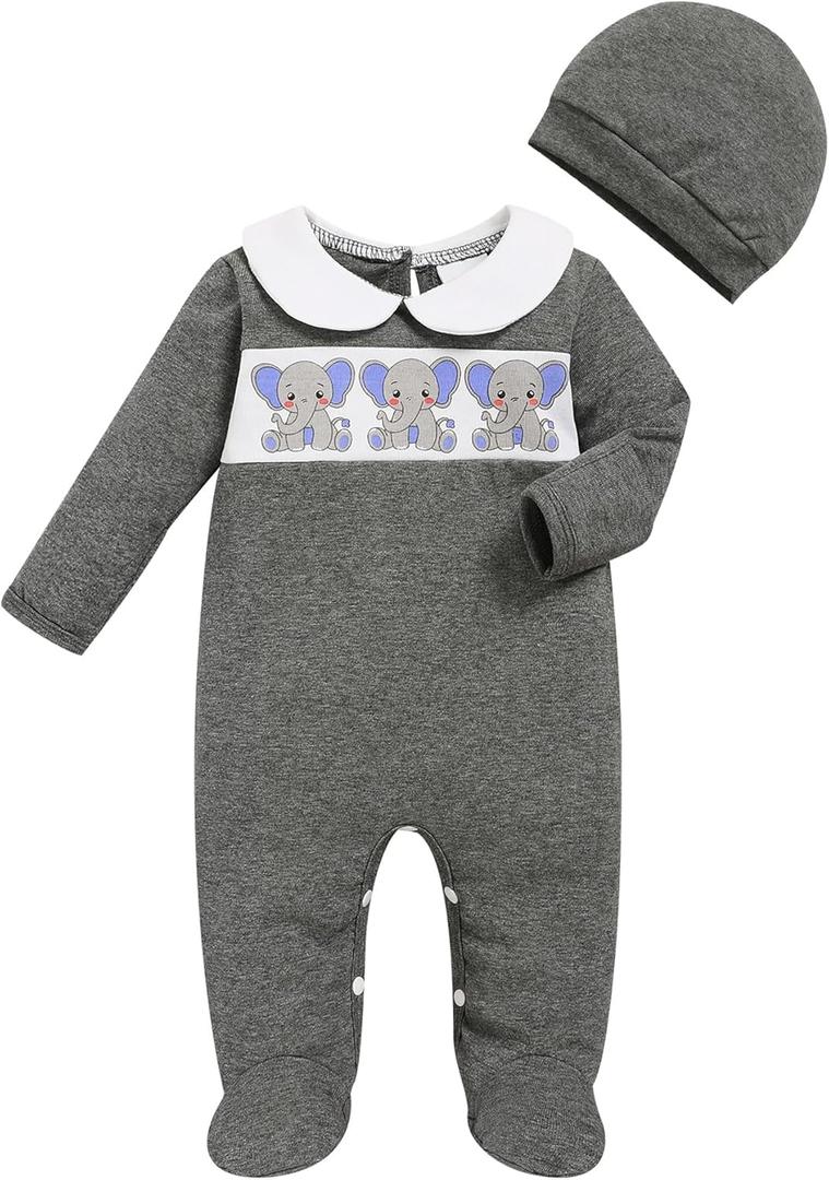 GRNSHTS Newborn Romper Coming Home Outfits Infant Girl Boy Cute Print Long Sleeve Bodysuit with Mitten, Matching Hat Jumpsuit (Gray, XS)