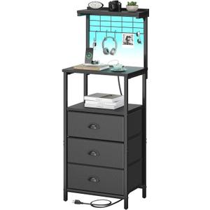 Bedside Tall Nightstands with Charging Station, LED Bedside Table for Bedroom - 3 PU Fabric Drawers, Hooks, Black