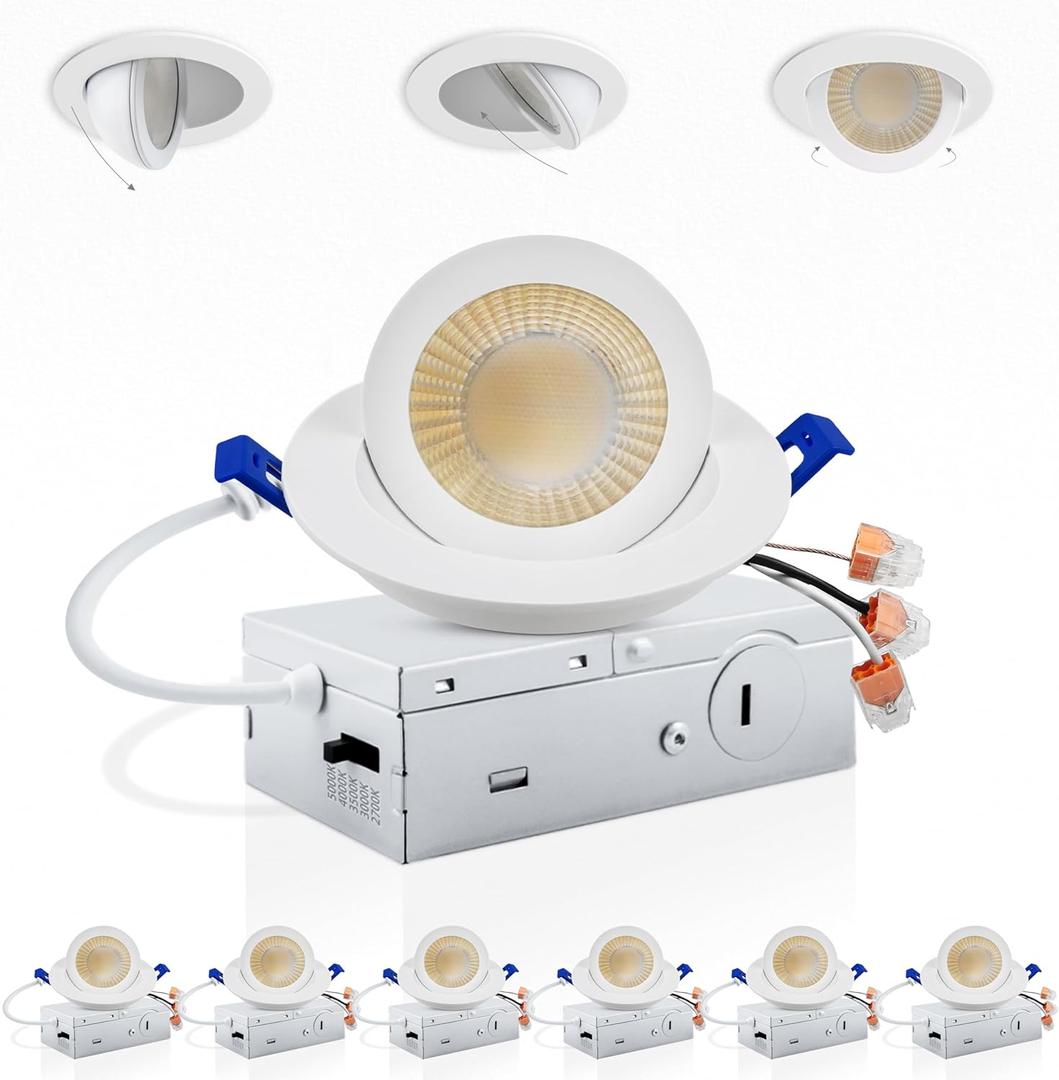 Adetu 3 Inch 5CCT Gimbal Led Recessed Lighting with Junction Box, 2700K/3000K/3500K/4000K/5000K Selectable, 7W Eqv 80W, 360+90 Adjustable Recessed Lights, 800LM Brightness - ETL (White, 6 Pack)