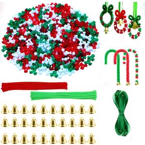 1000Pcs Christmas Tri Beads Plastic Beaded Ornament Kit with 30 Pcs Red and Green Chenille Stems Pipe Cleaners, 30 Pcs Bells and 10m Ribbon for Christmas Tree House Decorations Party DIY Craft Kit