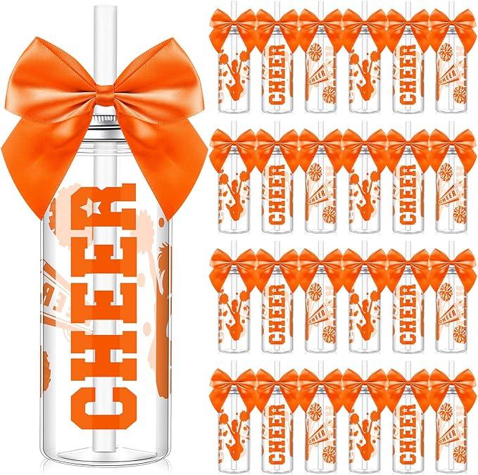 24 Pcs Cheerleader Gift Bulk for Team Cheer Cups 14 oz Bow Water Bottle Plastic Cheer Tumblers with Lid and Straw for Cheerleader Sport Party Favor Senior Night Gift (Orange)