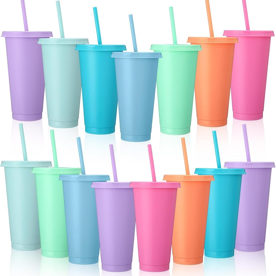 Honeydak 15 Pack Tumbler with Straw and Lid Bulk Water Bottle Iced Coffee Travel Mug Cup Reusable Plastic Cups for Party Birthdays 24-27 oz (Macaron Color) (as pictures shown)