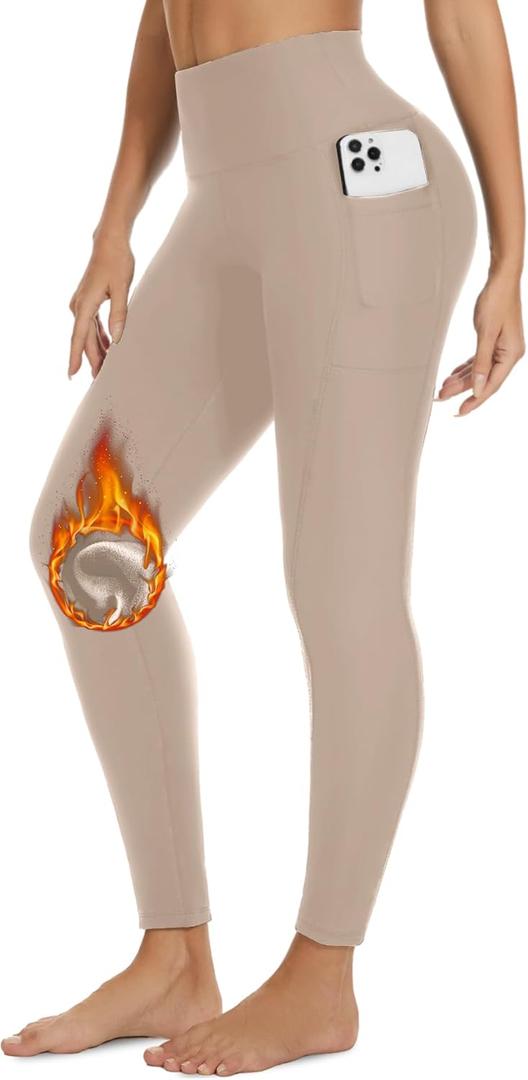FULLSOFT Fleece Lined Leggings with Pockets for Women - High Waisted Thermal Warm Yoga Pants Winter Workout Leggings (Small-Medium, 05-light Apricot)