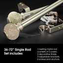 1-1/8 Inch Diameter Brushed Silver Curtain Rod with Rhinestone Finials, 36-72'' Telescoping Single Curtain Rods for window width 24-68 inch, 1 pack