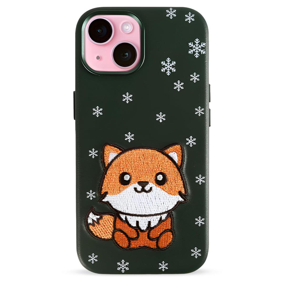 Thrdy. Embroidered Cute Fox Silicone Case Compatible with iPhone 15 Pro Max, Magnetic & MagSafe Compatible, Slim Fit, Shockproof, Drop Protection, Winter Snowflake Design, Raised Edges, Forest Green