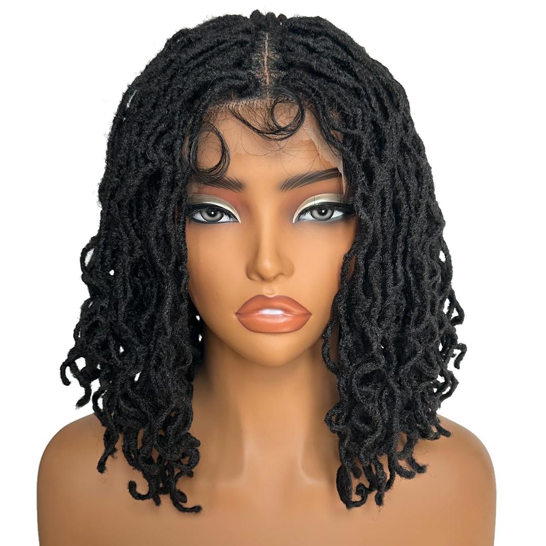 SOKU Short Curly Faux Locs Lace Frontal Wig 12 Inch Natural Black 4x4 Large Parting Space Twist Dreadlock Wigs for Black Women Afro Curly Braided Synthetic Wig