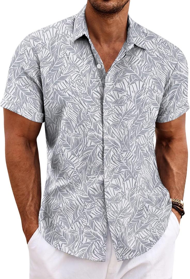 COOFANDY Men's Linen Shirts Short Sleeve Casual Shirts Button Down Shirt for Men Beach Summer Wedding Shirt (Large, Leaf-grey)