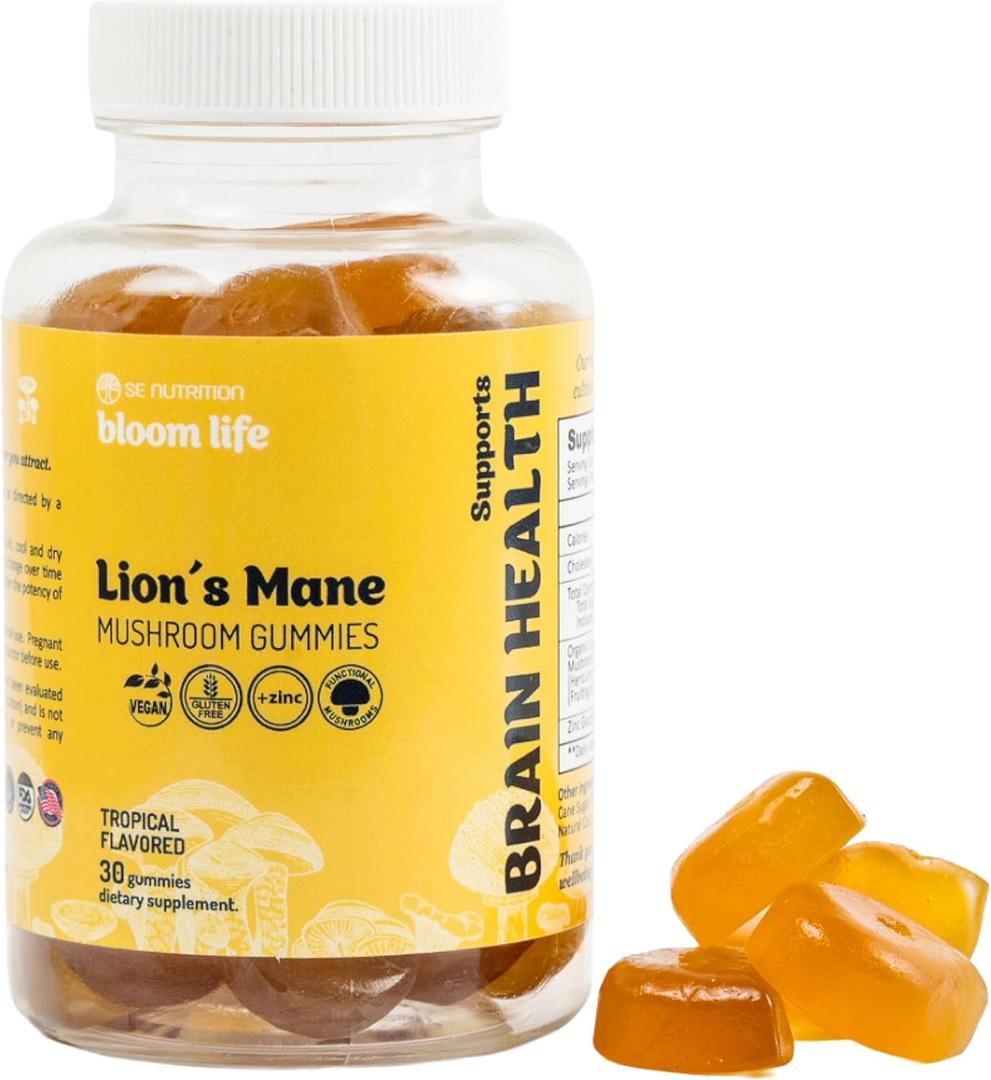 Lions Mane Mushroom Gummies with Zinc Clean, Natural, Vegan, NonGMO Gummy Brain, Focus & Immune Support Daily Adaptogen Chewables 30 Gummies Made in USA