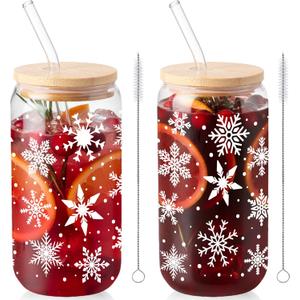 Sliner 2 Pcs Snowflake Glass Cups Christmas Winter Tumbler with Lid Straw Drinking Glasses 16 oz Iced Coffee Cup with Cleaning Brush Beer Can Tumbler Cute Holiday Gifts for Home Office Decorations (White)
