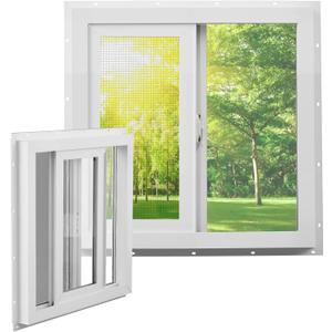 Pushglossy 23-1/2" x 23-1/2" Vinyl Utility Window Single Sliding Window with Low E Double Pane Insulated Tempered Glass Mesh Screen for Basement Bathroom House Kitchen Garage Attic, White, Single Hung 