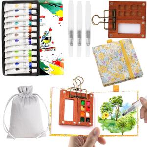Portable Mini Watercolour Paint Set Travel & Pocket Wooden Paint Palette with Metal Clip, Water Colour Paints Sets with Sketchbook & Water Pen for Painters,Artists,Beginner (Yellow, 12 Colors, S-8 Grids) (1.04 Fl Oz (Pack of 7))