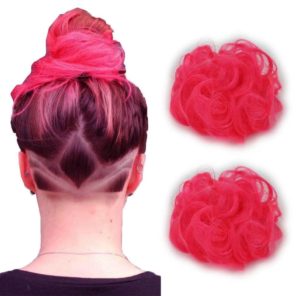 iLUU 2pcs Light Pink Color Messy Hair Bun Extensions Chignons Hair Synthetic Hair Pieces Scrunchie Scrunchy Updo Hairpiece for Women Party Wedding (#8C - Bright Pink)