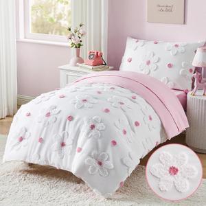 Toddler Bedding Set for Girls 4-Piece Pink Boho Tufted Daisy Flowers Toddler Comforter Set Bed-in-a-Bag Toddler Sheets Bedroom Set with Comforter, Flat Sheet, Fitted Sheet, Pillowcase | Toddler Bedding Set, Tufted Daisy Design, Toddler Comforter, Toddler Bed Sheets, Crib Bedding Set, Boho Toddler Bed Set