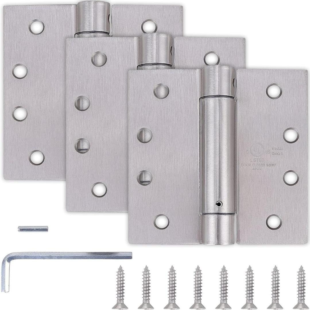3 Pack - 4"x4" Self Closing Door Hinges, Spring Loaded Hinges for Interior & Exterior Doors, Automatic Door Closer Hinge, Soft Close Door Hinges, Squared Corners Auto Close Spring Hinge (Satin Nickel)