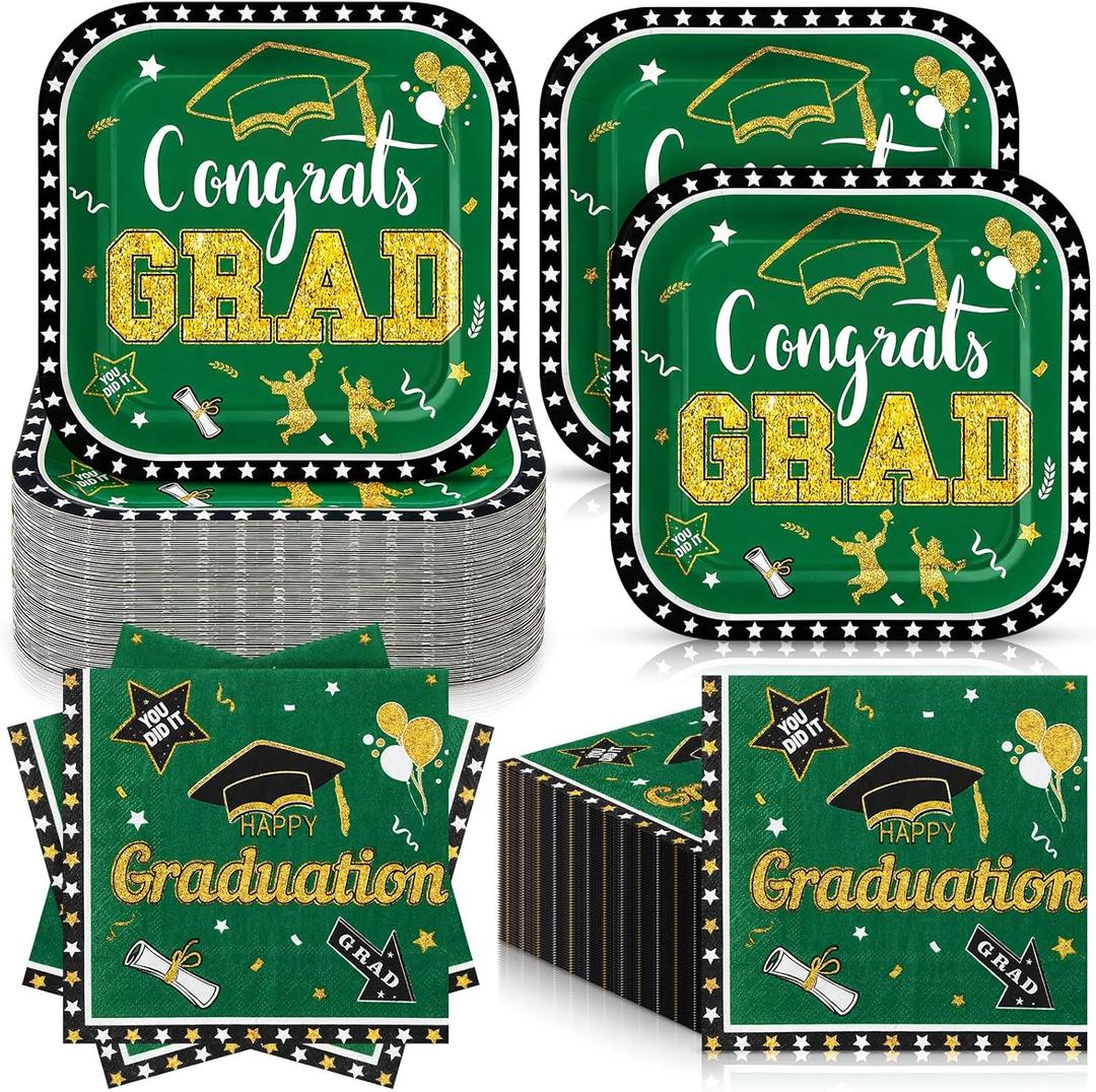 Zhehao 72 Pcs 2026 Graduation Plates and Napkins Set Serve 36, Green and Gold Graduation Party Supplies, 7" Square Congrats Grad Paper Plates and Napkins Class of 2026 Disposable Dinnerware Decoration