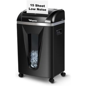 Wingwise 15-Sheet Paper Shredder with 58dB Quiet Operation, P4 Cross-Cut Security for Home Office, 15-Minute Run Time & 5.8-Gallon Bin Shreds Credit Cards & CDs