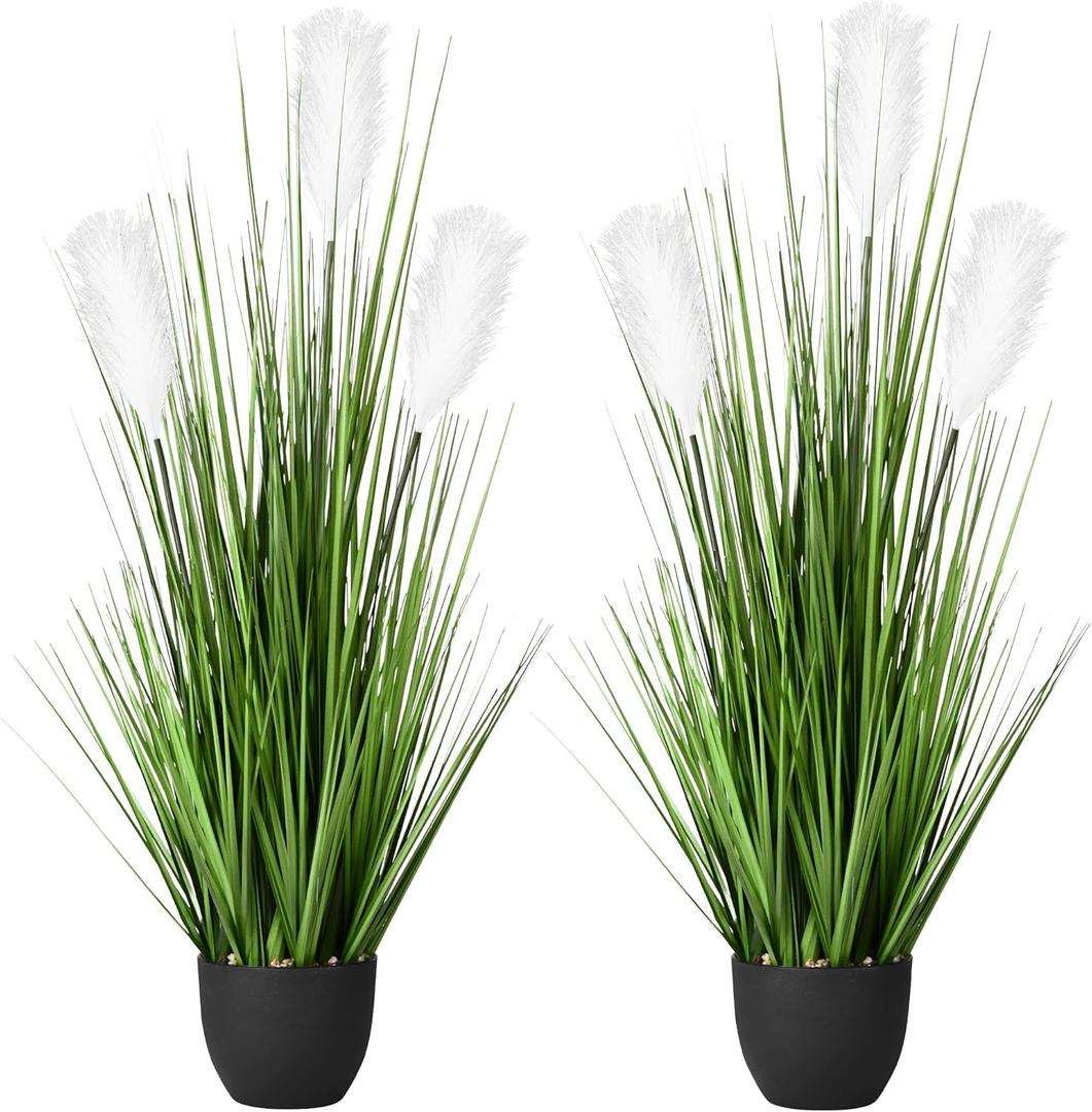 2 Pack 34" Artificial Greenery Floor Plants with Reed Flowers, Tall Fake Plant Potted, Faux Pampas Grass Silk Plants for House Decorations, Lobby, Bathroom, Wedding, Garden Indoor Outdoor