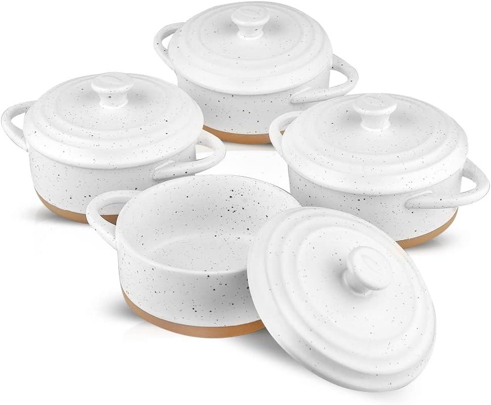 HVH 12 oz Ramekins with Lids, Mini Casserole Dish with Lid Oven Safe, Small Casserole Dish Set, Oven Safe Bowls, Mini Baking Dishes for Oven with Lids, Farmhouse Style (White)