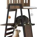 FourFurPets Modern Cat Tree, 58-Inch Cat Tower for Large Cats, Maine Coon Cat Tree with Scratching Board, Large Perch, Hammock and Removable Pads, Greige