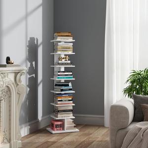 TUTOTAK Narrow Bookshelf, 8-Tier Bookcase, Spine Book Shelf for Small Space, Corner Standing Shelf for Living Room, Office, Study, Entryway, White BS06BW008